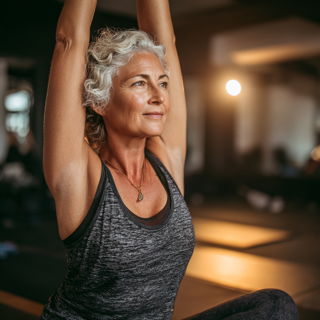 mature woman doing stretching exercise in comfortable fitness studio